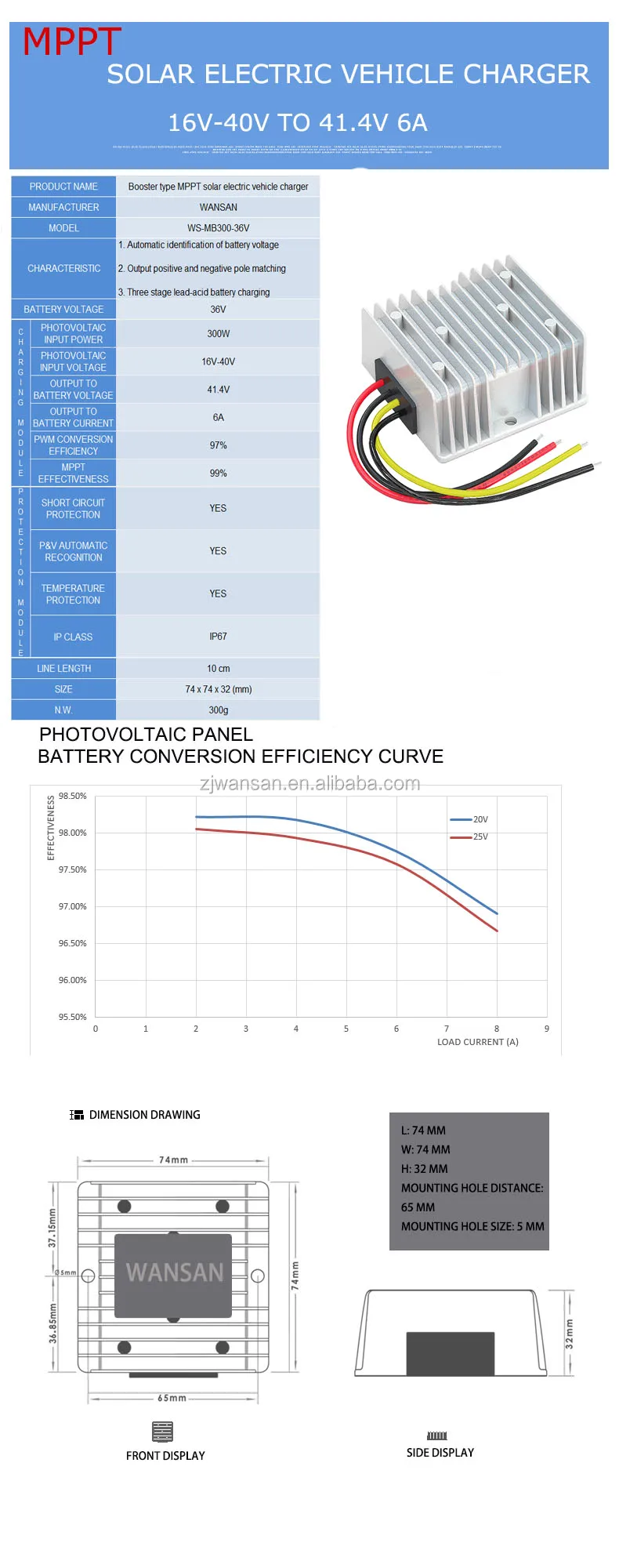 MPPT SOLAR CHARGE CONTROLLER 99% MPPT EFFICIENCY SOLAR BATTERY CHARGER CONTROLLER BOOST WS-MB300-36V