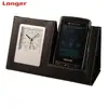 Multifunctional handmade fashionable leather mobile phone holder with clock for desk