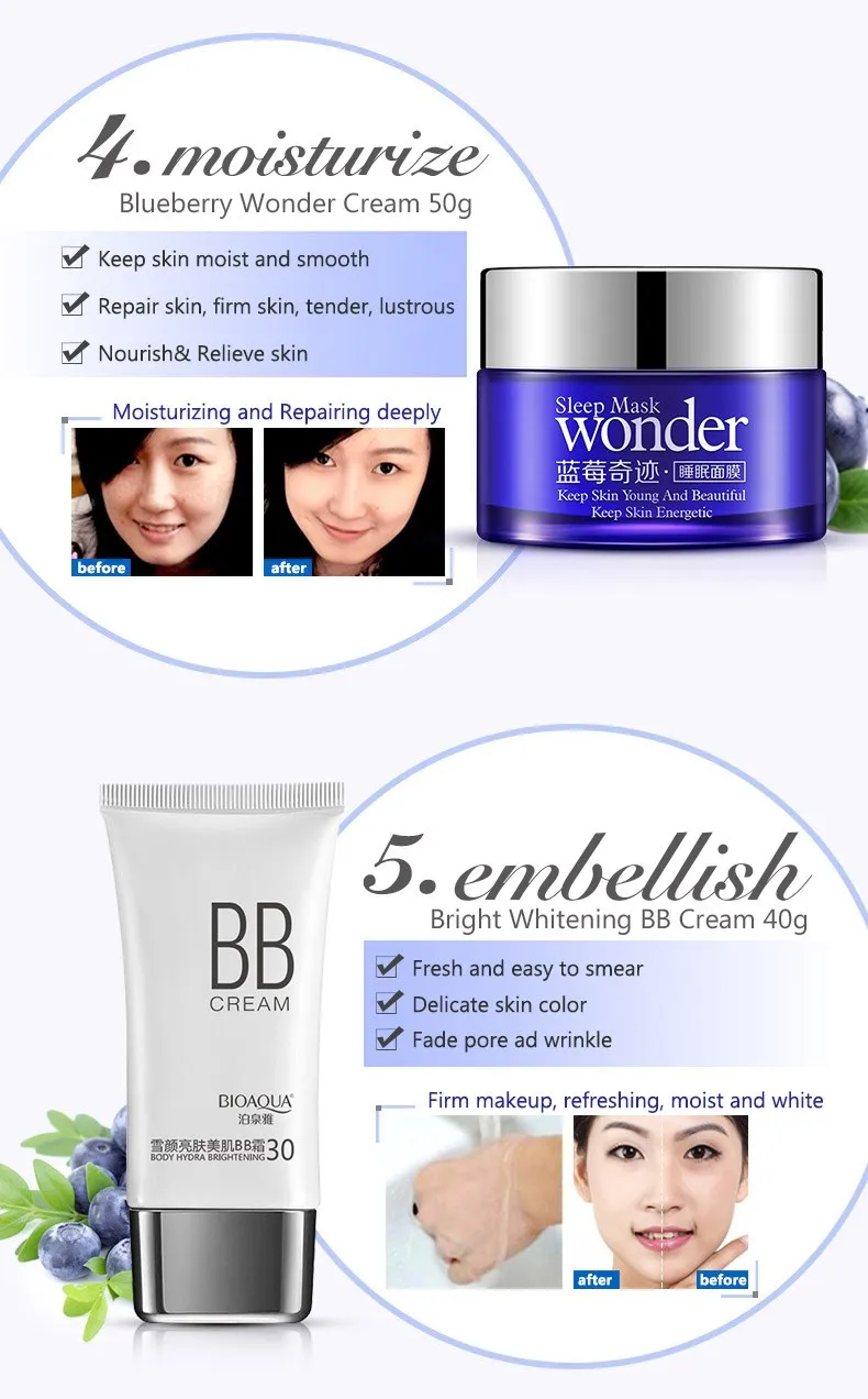 private label BIOAQUA Nourishing Moisturizing Tender Skin Blueberry skin care set for Five Pcs