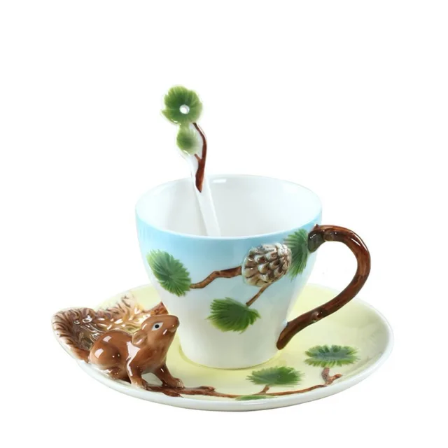 3d squirrel hand-painted enamel ceramic coffee cup saucer spoon