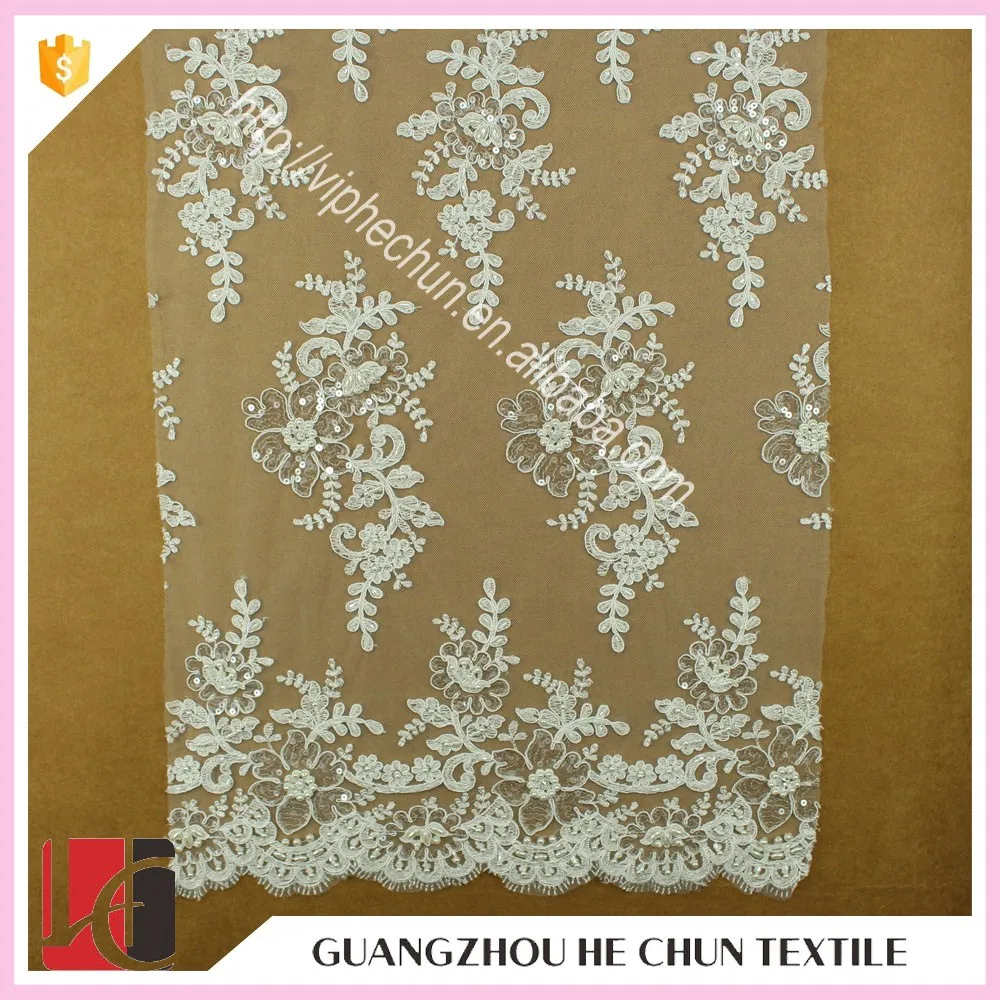 HC-6189-1 Hechun 2016 Latest Fashion Sewing Sequin Pearl Beaded Wholesale Tulle Bridal Lace Fabric