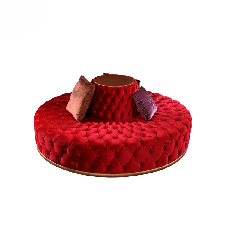Novo modelo do produto circular moderno lobby do hotel vermelho adornado rodada botão-sofá tufos seccional sofá de design de veludo vermelho