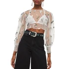 OEM Women Long Sleeve Embroidered Mesh Top