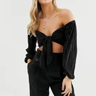 Women clothing new style black off shoulder custom long sleeve front tie cross crop top