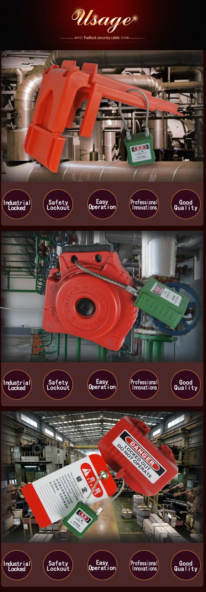 STAINLESS STEEL WIRE SAFETY PADLOCK BD-G41 any colors available, usually red and yellow