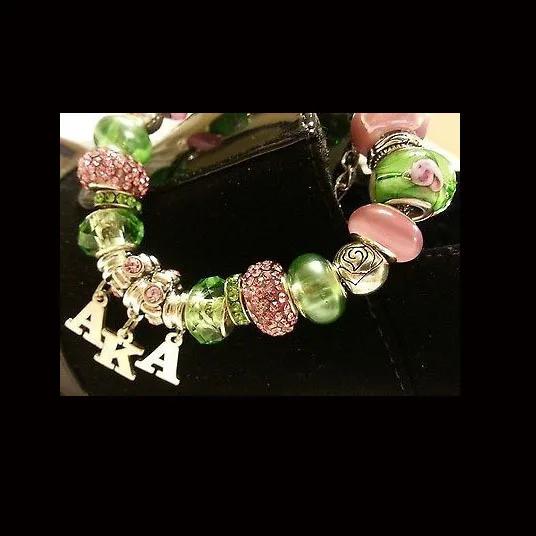 AKA Alpha Kappa Alpha Sorority Charm Bracelet - European Style - Pink and Green.jpg