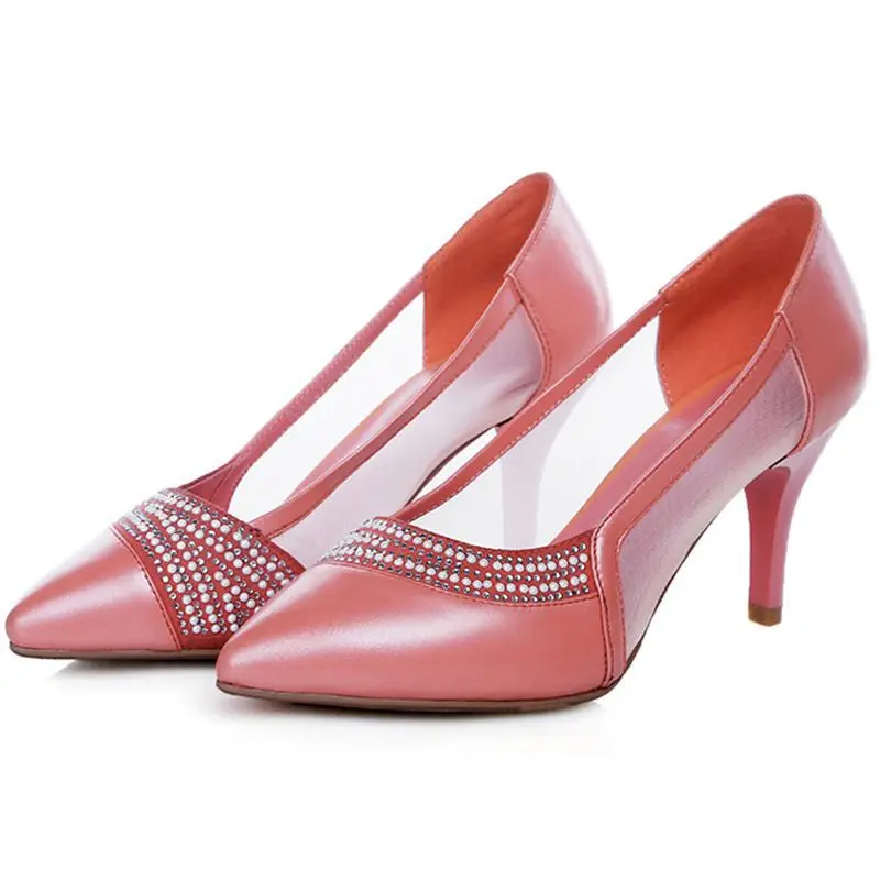 western style high heels new hot fashion women shoes genuine leather pumps pointed toe shoes woman rhinestone mesh wedding shoes