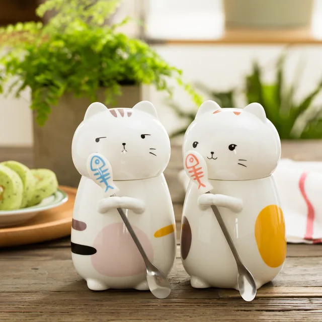 3dかわいい猫カップセラミックマグカップふた & スプーン漫画スタイルクリエイティブティーカップ朝マグミルクコーヒーユニークなカップギフト