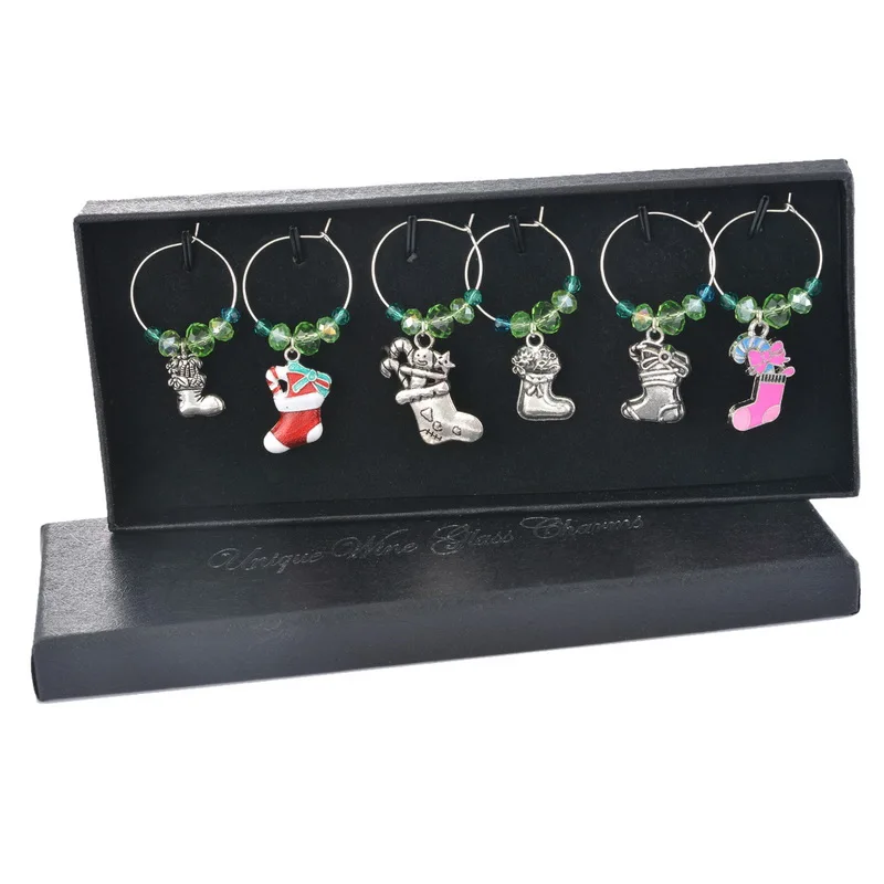 Party Decoration 1Box Green Crystal Enamel Pendant Christmas Collection Wine Glass Charms Christmas Dinner Table Decoration