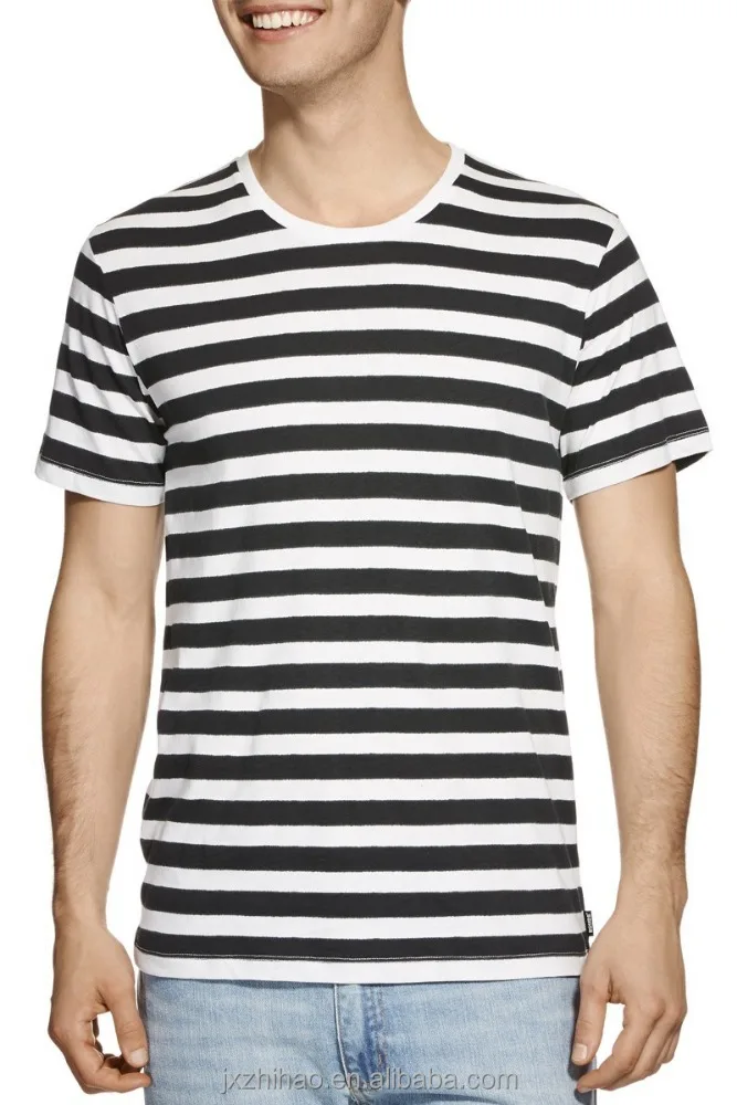 Mens Black And White Stripes Round Neck T Shirt - Buy Stripes Round