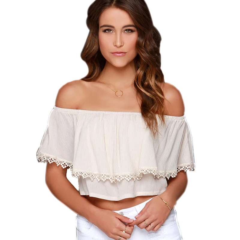 Blusa Feminina Slash Neck Sexy Lace Patchwork Embroidery 2015 Fashion Women Short Sleeve White Chiffon Solid Tops Blouses 0179
