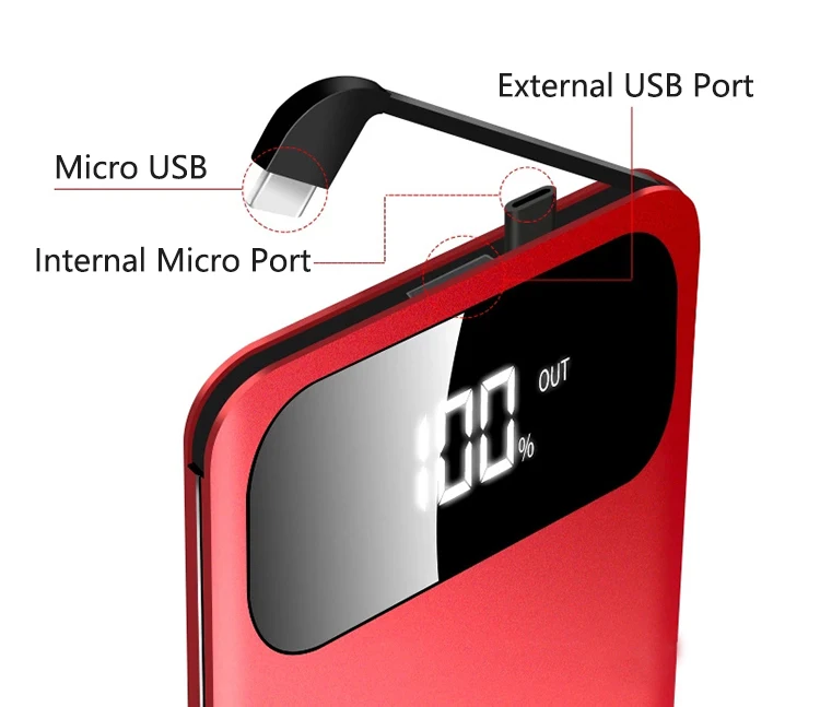 10000mah portable charger power bank with cable built in compact