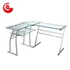 L shape metal frame tempered glass office computer table