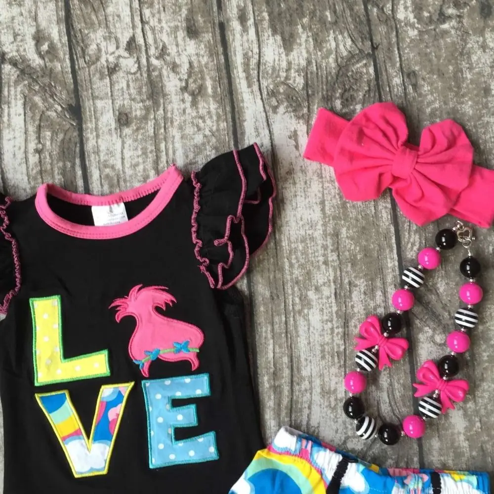baby Girls Summer clothes girls children LOVE troll hair outfits kids flutter sleeve and rainbow shorts outfits with accessories
