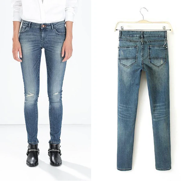 2015 Fall And Winter Clothes New European Solid Hole Ripped Jeans For Women Slim Feet Pencil Jeans Denim Pants Skinny Jeans kz