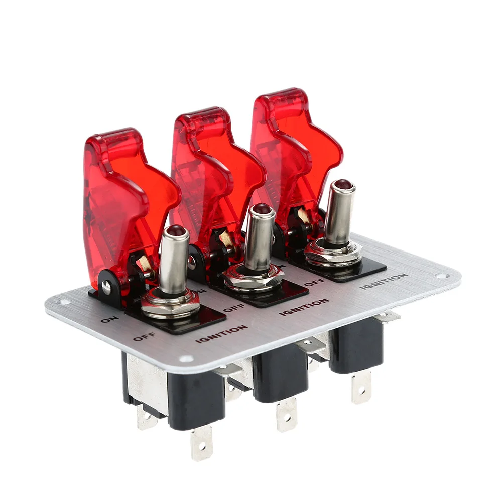 DIY 3 Rockers Car Button Switch Panel Flip-up Ignition Modification Switch with LED Indication 12V Accessory Racing Sport Car