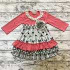 Elastic Flounced Collar Girls Dress Red Flower Yarn-dyed Fabric Baby Casual Dress Wholesale Kids Daily Wear