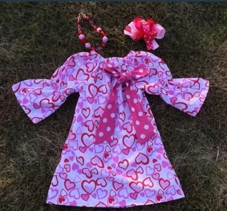baby girls Valentine dress with matching hair bows and chunky necklace set