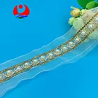 fashionable big pearl beaded gold rhinestone lace trimming with gold and white rope revolved