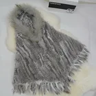 Factory Direct Women Rabbit Fur Knitted Poncho with Tassels Raccoon Fur Collar Hooded Cape