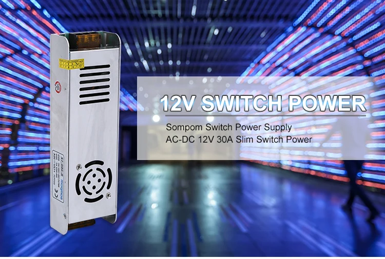 New strip slim type smps 110/220v ac to dc 360w 30a 12v led switching mode power supply with cooling fan