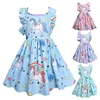 Cute Unicorn And Rainbow Pattern Flutter-sleeve Dress For Girl