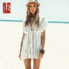 HS Fashion Women Hollow Drop Shoulder V-Neck Sexy Cotton White Beach Lace Dress