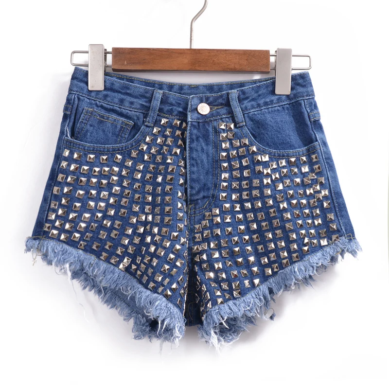 Women rivet denim shorts 2015 summer style high waist sexy jeans shorts