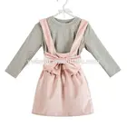 Newest design spring girl long sleeve T shirt and suspender skirts set outfit with bow