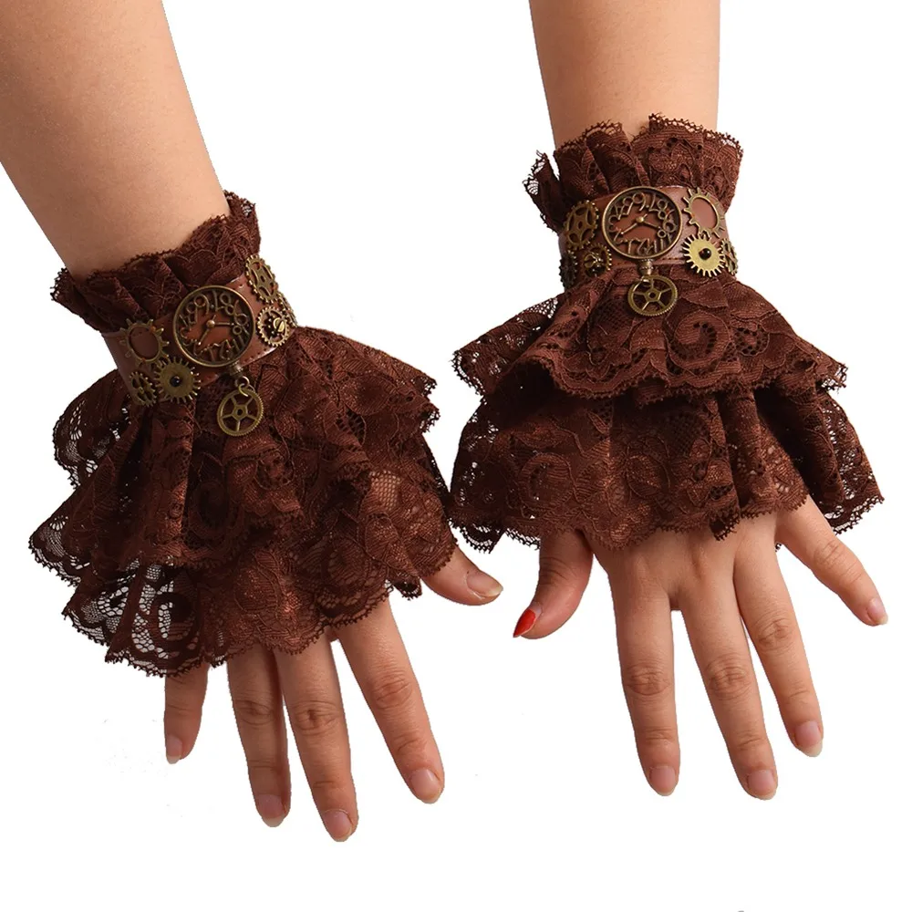 Details about   1pair Lolita Victorian Lace Cuffs Wrist Cuff with Tulle Steampunk Cuffs 2 Colors