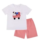 Summer baby cotton clothing sets short sleeve matching seersucker shorts national day applique boys boutique outfits