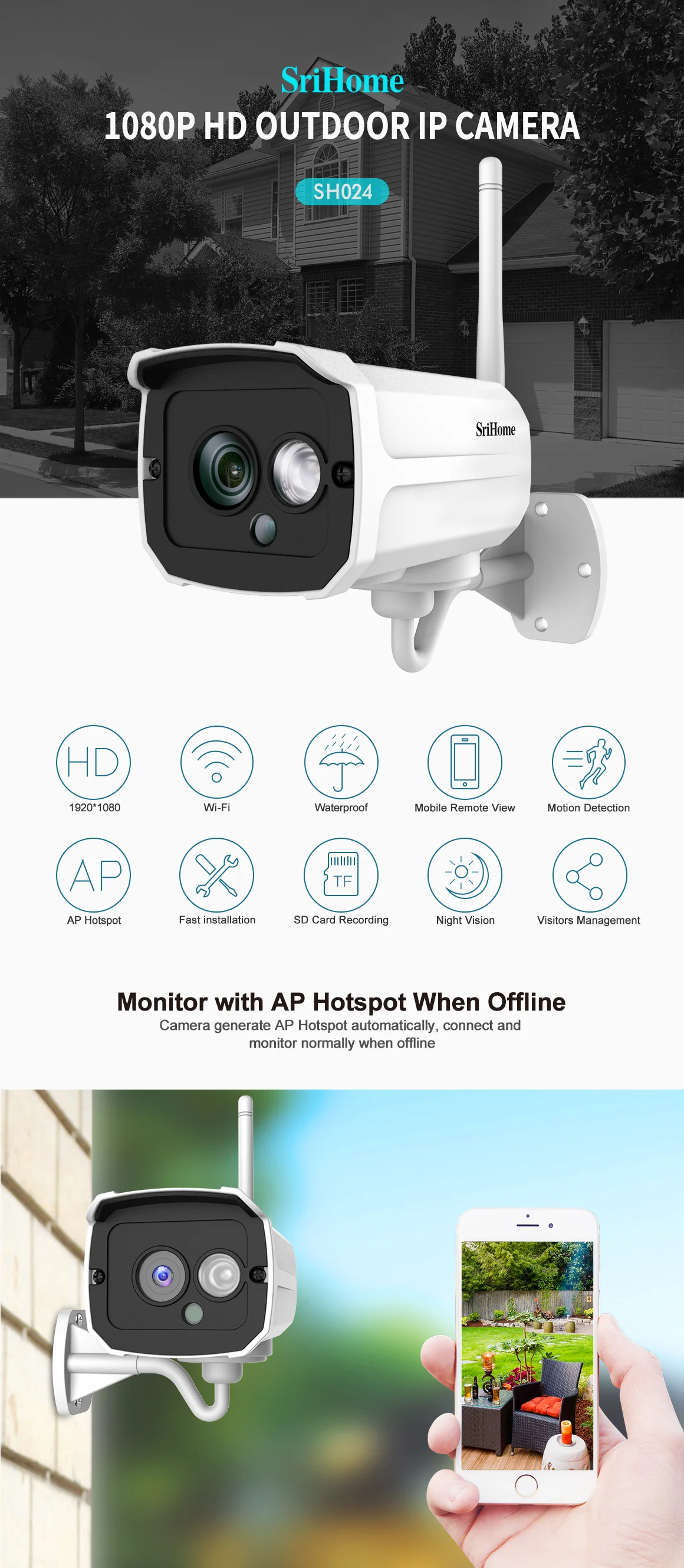 Wifi 1080P HD ONVIF Outdoor Wireless Security IP Camera Night Vision SD record
