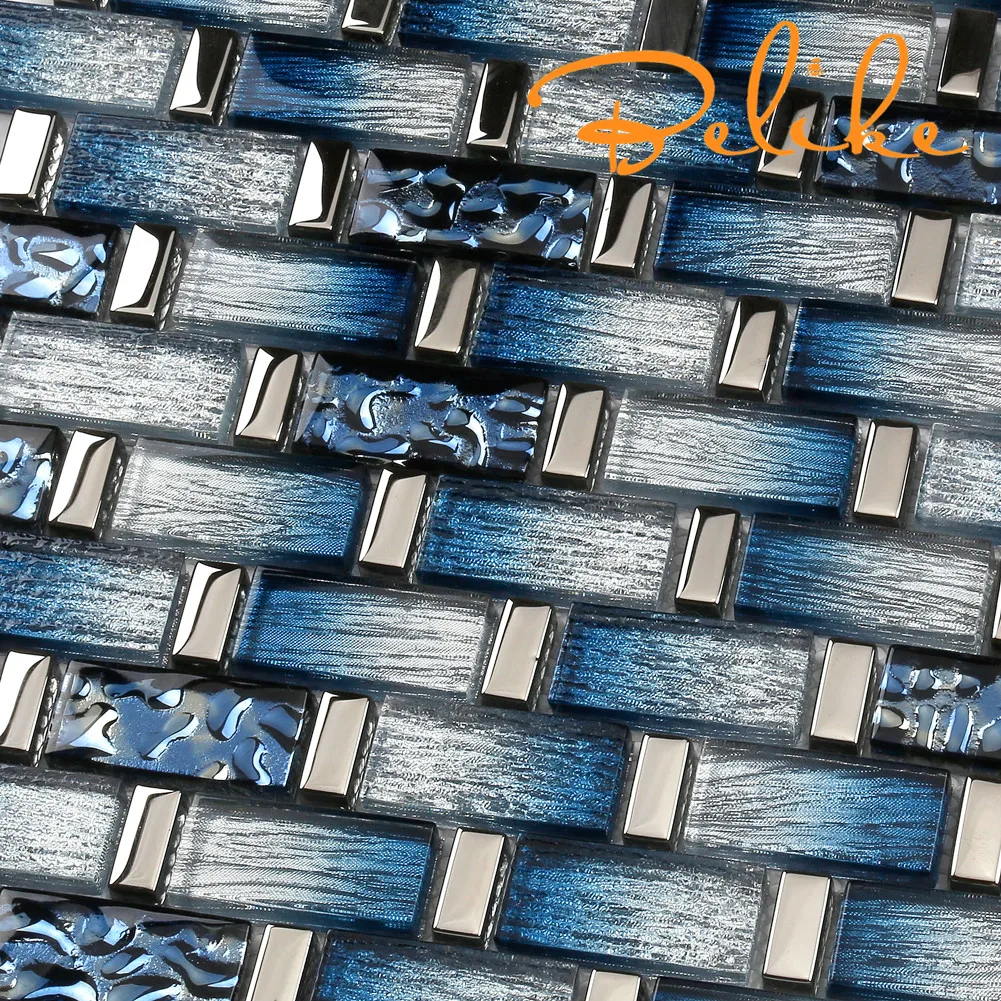 Glass Blue Gradient Tactile Mosaic Tile Linear Stacked Featured Wall Cladding Kitchen Backsplash Swimming Pool Bath Wall Tile