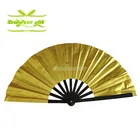 Customized and printed LOGO chinese gongfu big size 33cm hand fan made of shining golden fabric