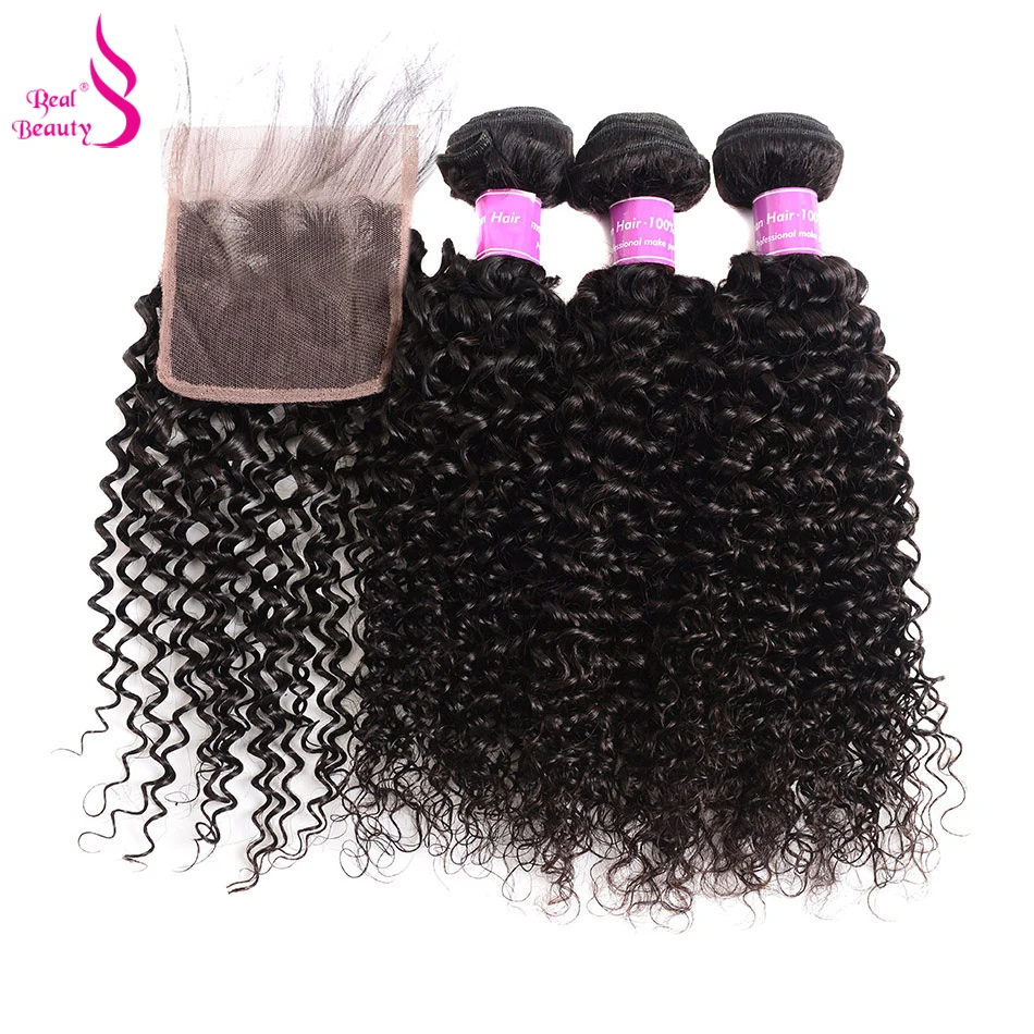 Real Beauty Curly Weave Hair 3 Bundles With Lace Closure Free Part 44 Remy Brazilian Human Hair Bundles With Baby Hair Closure (8)
