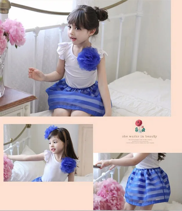 2015 summer girls dress girls princess stripe dress 3D flower color cute pageant party wedding costume kids clothing best gift