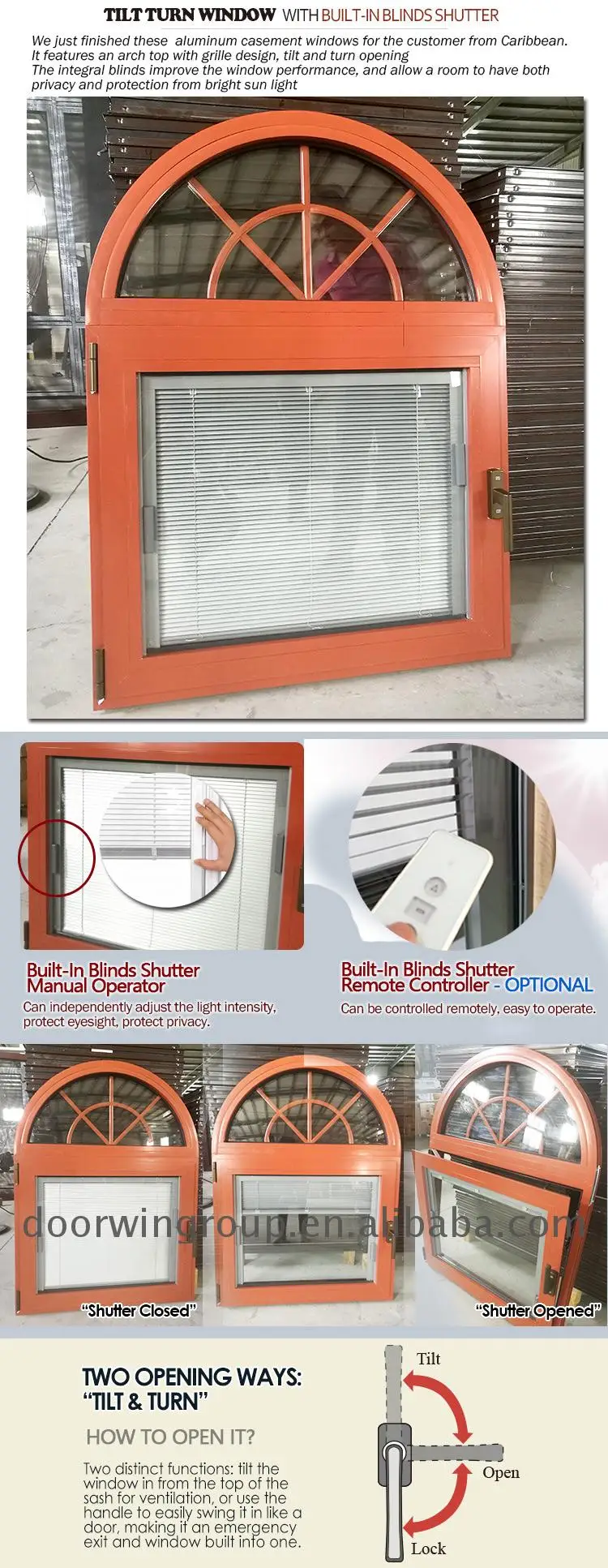 Original factory colored aluminum arched transom window 36 x 36 casement windows with built-in shutter design