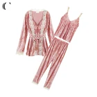 Korean style Womens luxury solid color Sleepwear 3 Picecs Velvet Lace Trim Pajamas Set