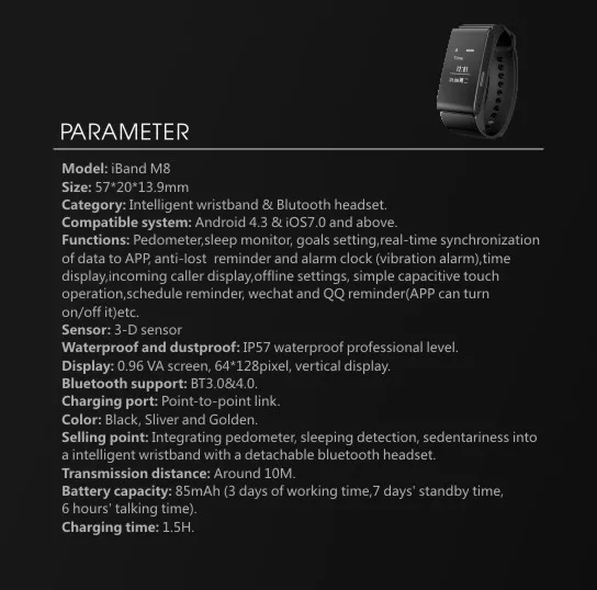 2016 Smart Bracelet Talk Band M8 Bluetooth Headset for Android Ios Smart Phone Watch