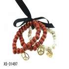 Retro Design Ribbon Bow Women Men Wood Beads Bracelet With Metal Charm