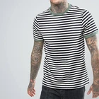 Men'S Plain 100% Cotton Slim Fit Black And White Custom Striped T Shirt With Contrast Color Collar