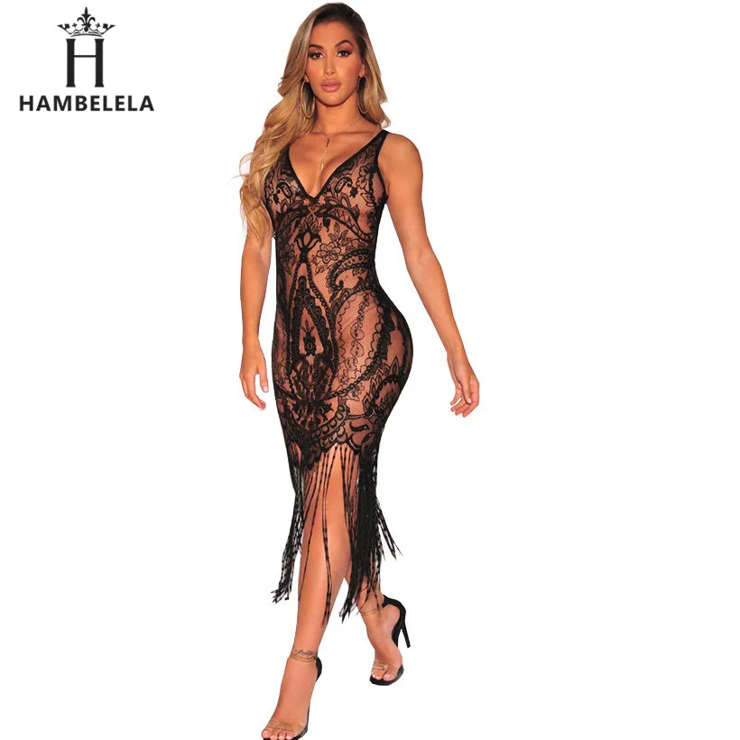 Sexy See Through Lace Bodycon Dress Women V-Neck Strap Tassel Maxi Dress Summer Party Long Camis Dress Sexy Clubwear (1)