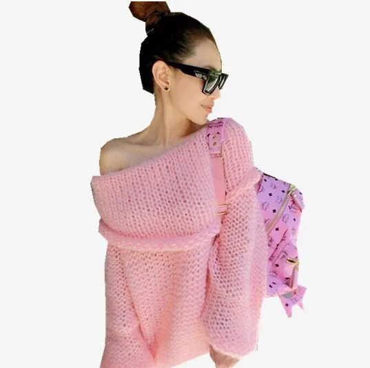 Hot Sale New 2015 Winter Female Sweater Sexy Slash Neck Solid Women's Tops Fashion Hand Knitted Loose Women Sweaters