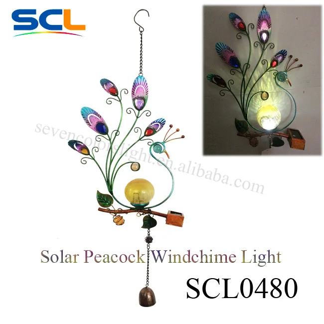 scl0480 solar-powered metal and crackle glass peacock garden