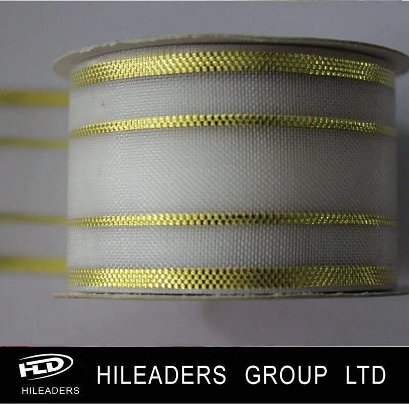 BS64 Wholesale Gold Line SheerOrganza Ribbon With 4 Gold Stripes