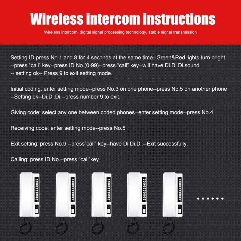 Rechargeable Battery Wireless  Intercom System Handset for Hotel House long distance