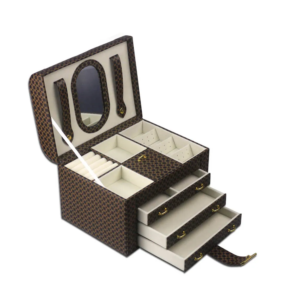 leather 3-drawer earring necklace bracelet travel case jewelry