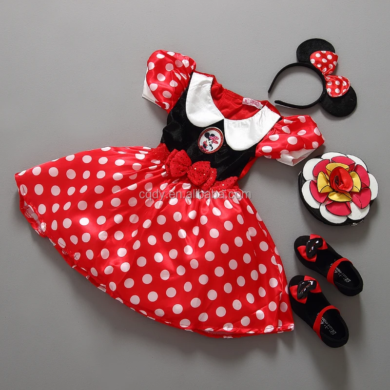 2016 minnie mickey minnie ratón ropa traje vestido de bebé de dibujos animados de impresión vestido para 7 años con diadema