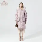 Elegant lady warm pink duck down fur collar hood jacket for winter