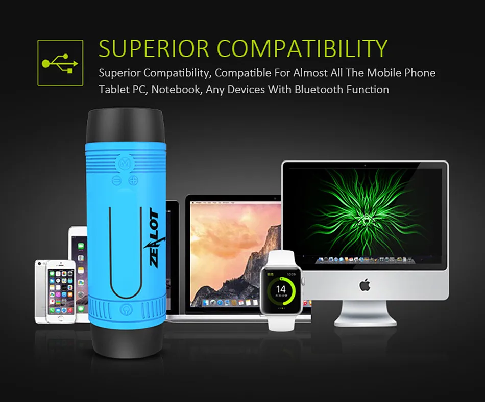 ZEALOT S1 Cycling Stereo Blue tooth Speaker Wireless Column Subwoofer LED Flashlight FM Radio 4000mAh Battery TF Card Play - ANKUX.COM